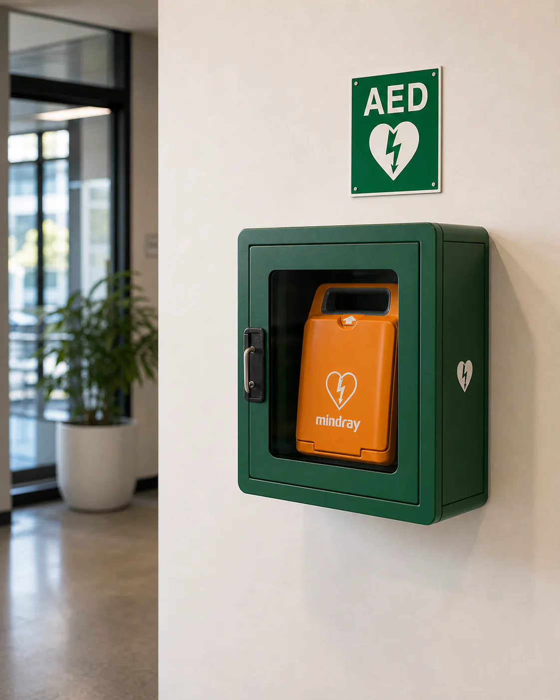 A completed SafePulse AED installation with cabinet and signage