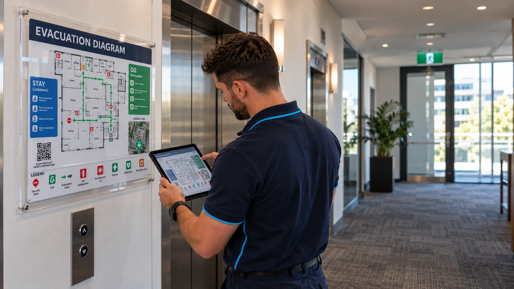 SafePulse technician checking an evacuation diagram in a building lobby