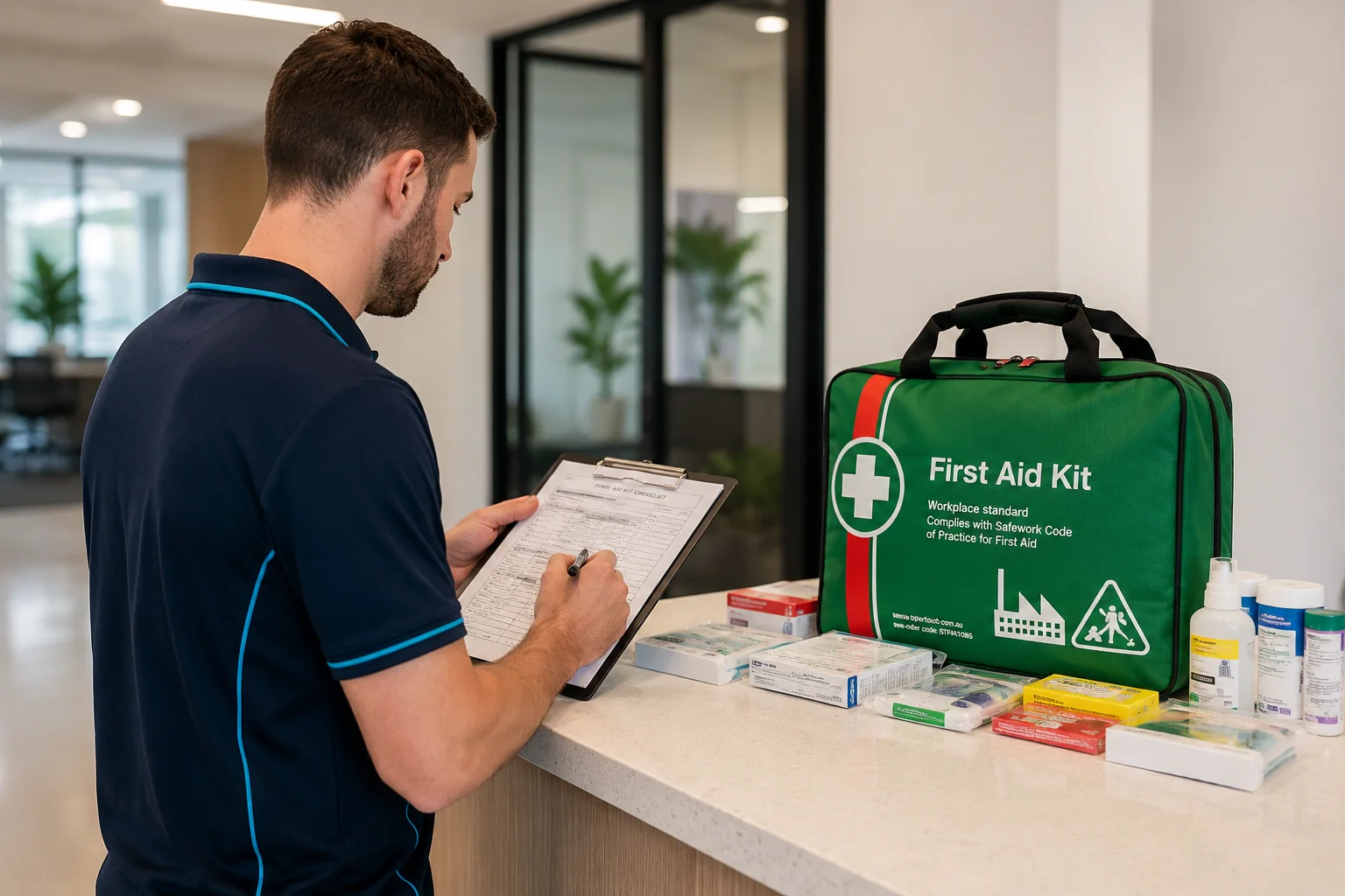 SafePulse technician checking a workplace first aid kit against a checklist