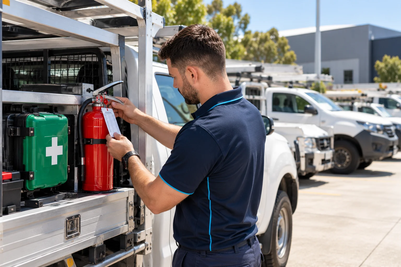SafePulse technician tagging an extinguisher fitted in a ute canopy