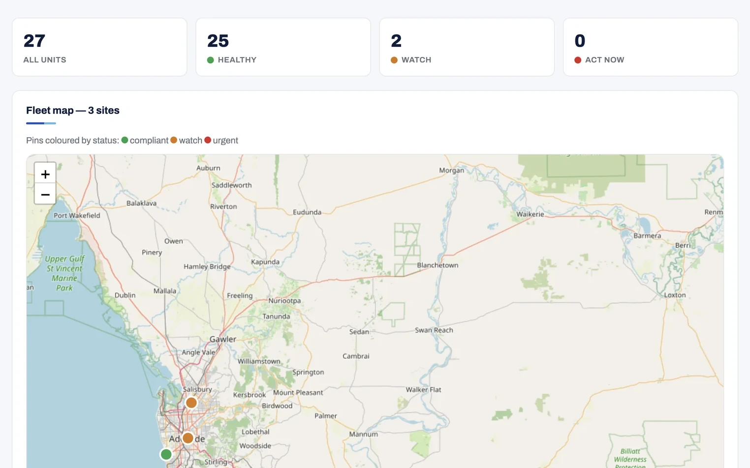 SafePulse portal overview with unit status totals and a map of sites
