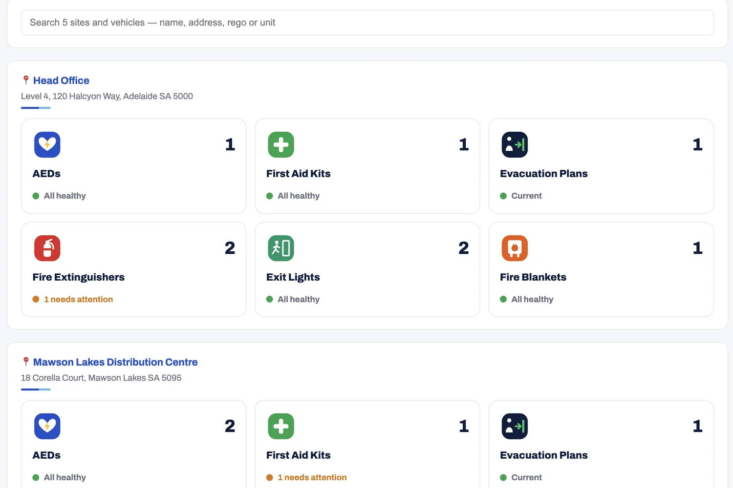 SafePulse portal site page listing AEDs, first aid kits, extinguishers and more with their status