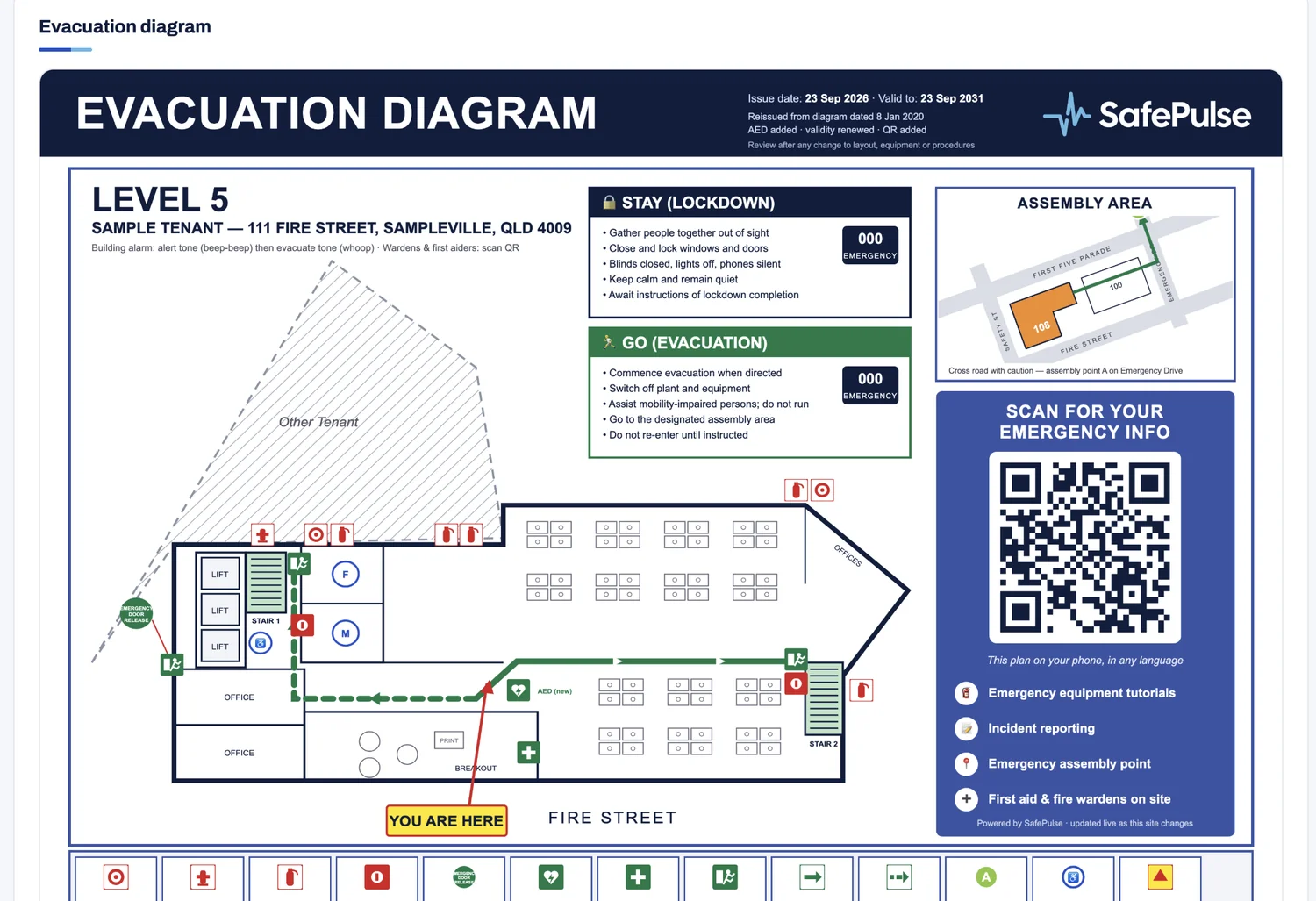 SafePulse portal showing a sample evacuation diagram with a QR code
