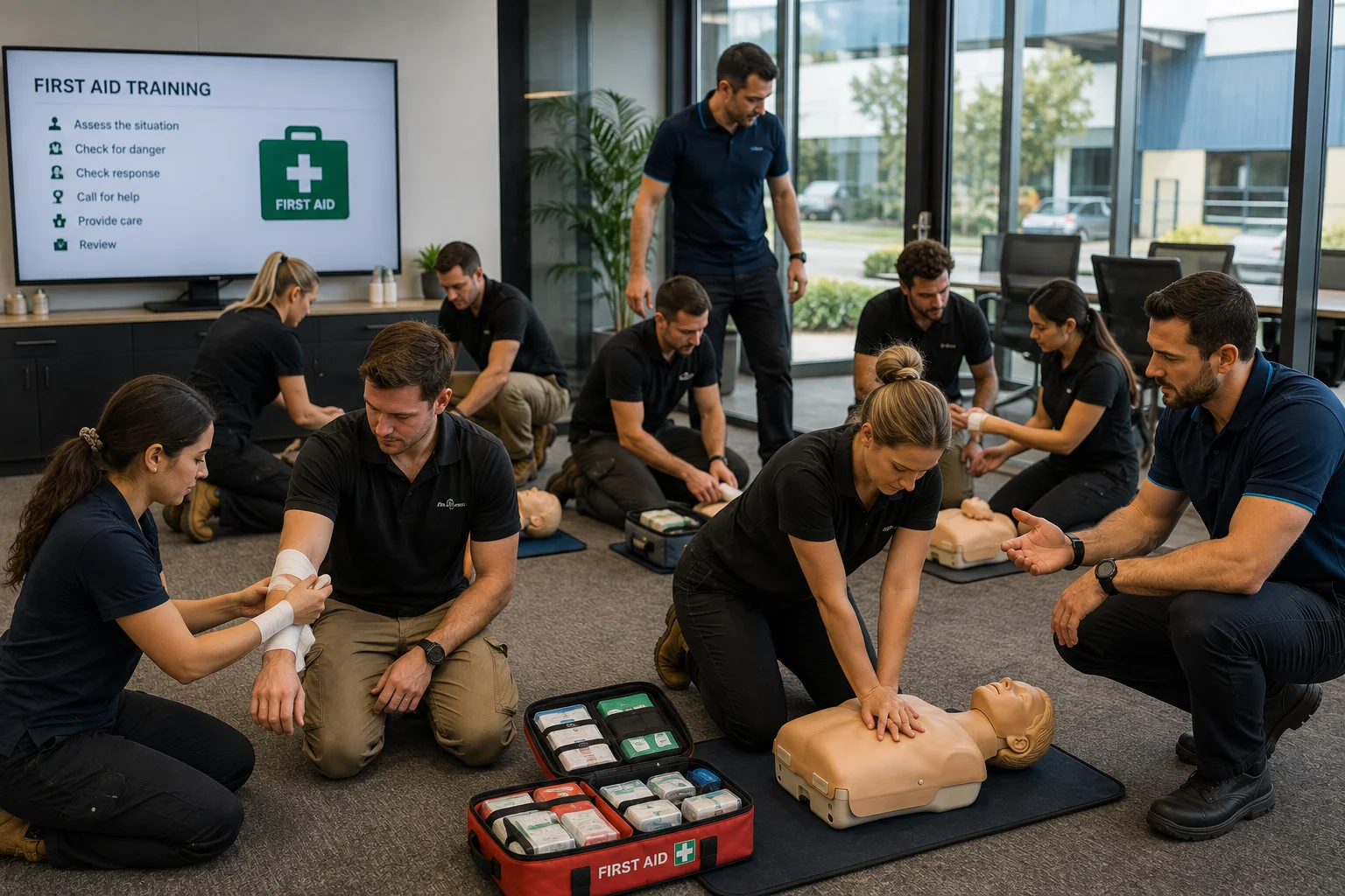 Group first aid training session with CPR manikins